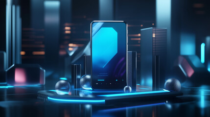 Obraz premium Futuristic Smartphone Concept: A sleek, modern smartphone stands tall against a backdrop of shimmering, neon-lit architecture, evoking a sense of innovation and technological advancement. 