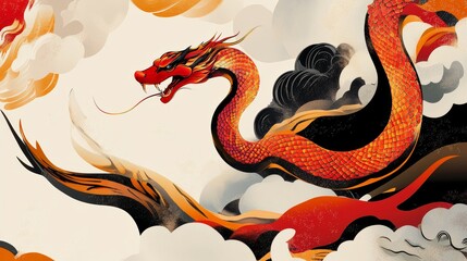 Fototapeta premium Chinese New Year 2025 vector illustration of Year of Snake cover, poster and sale banner. Chinese zodiac Snake symbol.