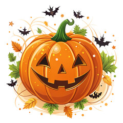 Adorable Halloween Jack-o'-lantern design with autumnal elements