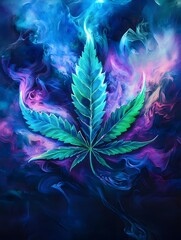 A colorful cannabis leaf in the style of blacklight paint, with smoke swirling