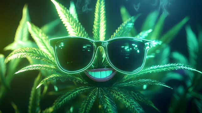 A animated weed leaf glowing light green neon black background
