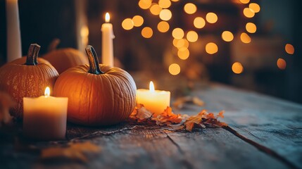 Thanksgiving pumpkins arranged on rustic wooden table with soft candlelight and twinkling string lights, autumn harvest decor







