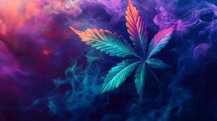 A colorful cannabis leaf in the style of blacklight paint, with smoke swirling