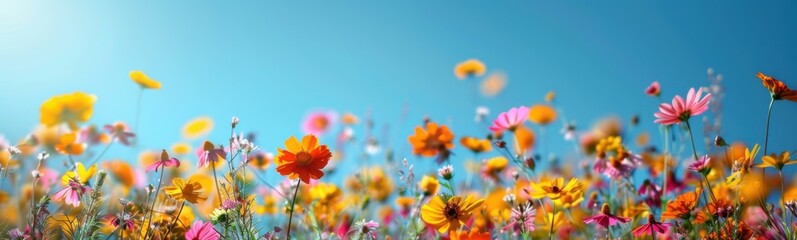 Brightly colored flowers are in a field with a bright blue sky, banner, copy space