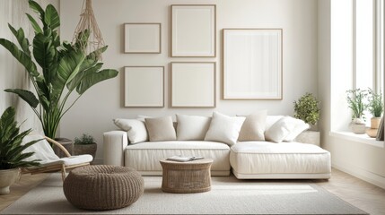 a living room with a couch, chair, and a plant