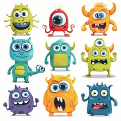 Set of nine cartoon monsters with different colors, shapes, and expressions.