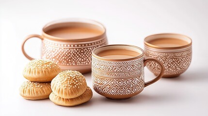 Three ornate mugs of tea with sesame cookies.
