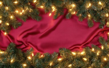 Christmas-red background with pine branches and golden lights. Christmas tree decoration frame on a fabric texture.