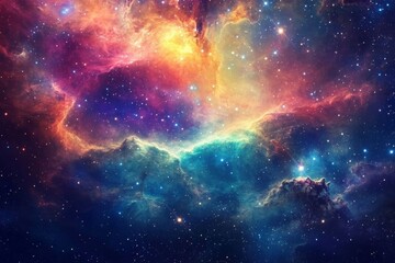 Fototapeta premium A mesmerizing nebula with tendrils of colorful cosmic clouds and sprinkled stars highlighting the vast mysterious beauty of the universe in a rainbow of colors.