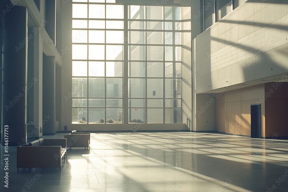 Aufkleber an expansive, minimalist hall drenched in soft natural light coming through large windows, showcasin