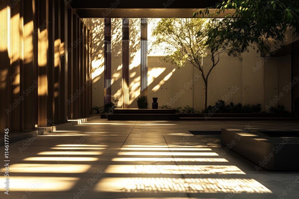 Poster a serene indoor courtyard features wooden structures casting intricate shadows, with a minimalist co