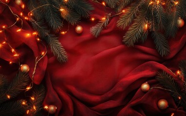 Christmas-red background with pine branches and golden lights. Christmas tree decoration frame on a fabric texture.