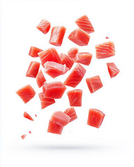 Falling sashimi pieces. Falling raw tuna meat, fish isolated on white background. Cut fresh raw tuna falling