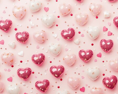valentine pattern of  glass pale soft pink and pink hearts with confetti