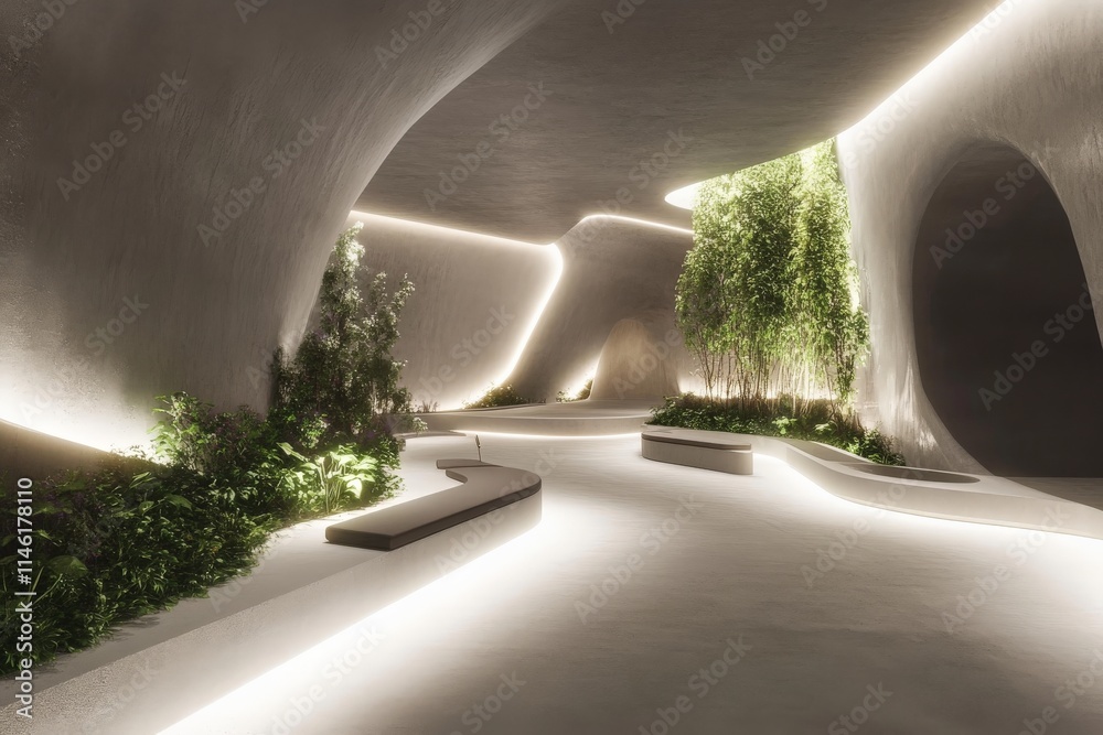 Poster an imaginative corridor featuring fluid curves and integrated lighting, creating a futuristic ambian