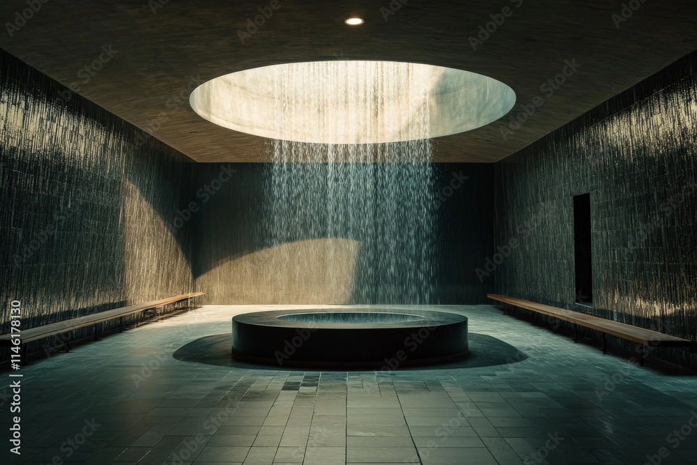 Poster A contemporary architectural space featuring a stunning waterfall cascading into a circular pool, exemplifying tranquility and harmony with modern design elements.