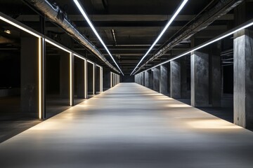 A long underground tunnel featuring minimalist overhead lighting that creates a futuristic and...