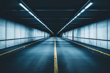 A road tunnel exhibiting perfect symmetry, accented by vibrant blue lighting, creating a modern,...