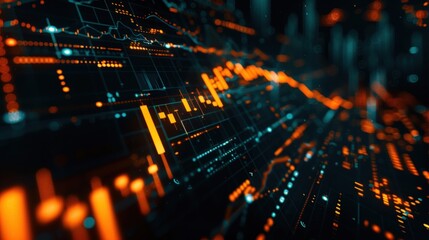 Fototapeta premium Abstract digital data visualization with glowing orange and teal lines, graphs, and charts on a dark background.