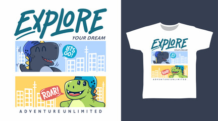 Dinosaur explorer hand drawn illustration, vector ready for print on t-shirt and other uses.