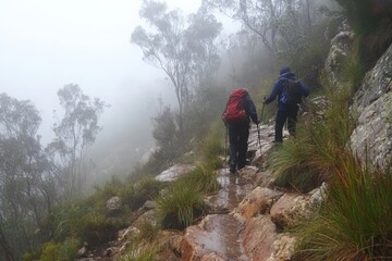 Fototapeta premium A pair of hikers briskly trek through a mist-covered mountain path, their silhouettes blending into the ethereal scenery, representing tenacity and tranquility.