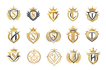 Golden Crown and Initial Letter Monogram Logo Design for an Exclusive.