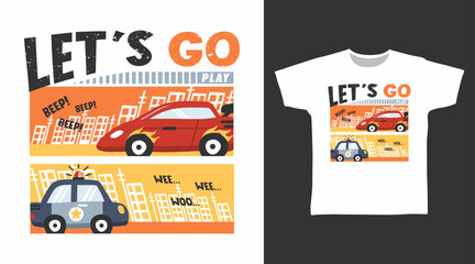 Racing car and police car hand drawn illustration, vector ready for print on t-shirt and other uses.