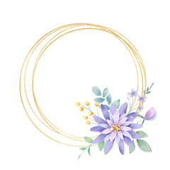 Gold frame border with flowers. Watercolor hand painting floral golden wreath with place for text . Isolated on white background.