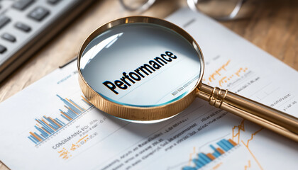 A magnifying glass focusing on fine print in a document marked "Performance Report."  Generative AI.
