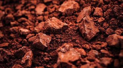 Close-up of reddish-brown rocky soil texture rich in minerals and natural elements.