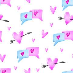 Seamless pattern valentines day.  Speech bubble with Hearts. Hand drawn love pattern.  Festive background