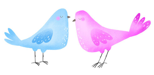 Valentines day. Pink and blue birds.  Relationships, couple, lovers.  Hand drawn love pattern.  Festive background