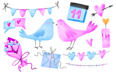 St valentines love day. Birds in love, festive flags, bouquet, speech bubble with hearts, gift. Love, relationship, couple. Set of stickers