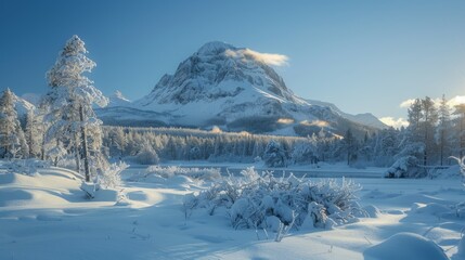 Obraz premium a snowy landscape with a mountain in the background