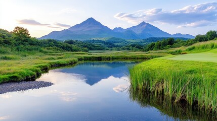 Obraz premium Majestic mountain peaks reflect in a calm, clear river winding through vibrant green meadows under a soft morning sky.