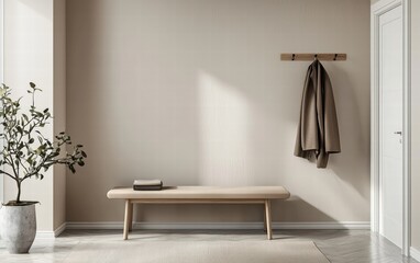 Minimalist entryway with a single bench, a coat rack, and neutral walls