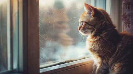 A lonely tabby cat gazes intently out a sunlit window, its reflection visible on the glass. The scene captures the cat's curiosity and tranquility as it observes the world outside.	