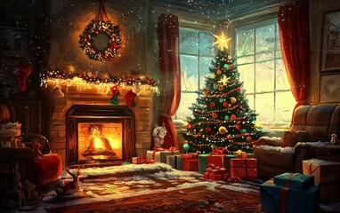 modern cozy room fireplace christmass tree with decorations toys and lights professional photo