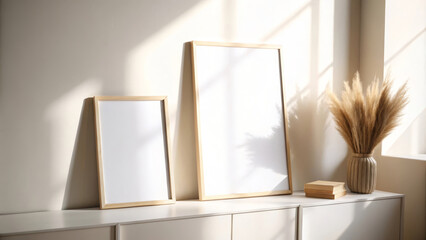 Two empty simple wooden flames without artworks. Mock up illustration for presentation. Contemporary and cozy living room interior