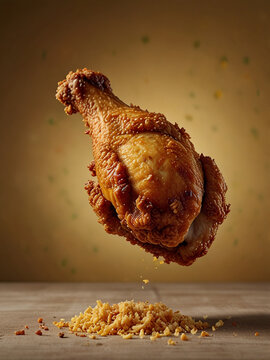 Close up of a crispy fried chicken leg in the air