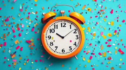 Colorful Alarm Clock Surrounded by Bright Confetti on a Vibrant Blue Background Ideal for Celebrations, New Year, or Time Management Themes