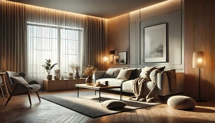 A warm and inviting living room featuring a stylish modern couch, a sleek coffee table, and ambient soft lighting for a cozy and elegant atmosphere