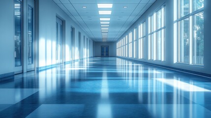 Modern hallway with bright windows and shiny floor.