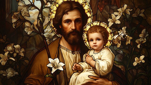 Saint Joseph holding baby Jesus in breathtaking stained-glass artwork, his staff of lilies glowing with soft warm light, radiant earthy tones of gold and brown,