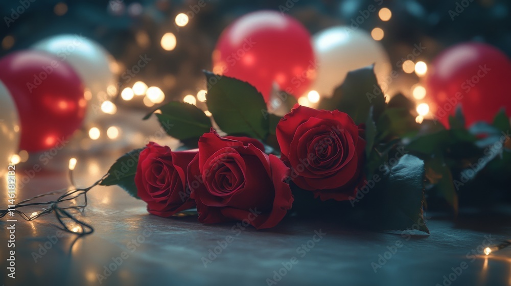 Poster red roses rest elegantly on a surface surrounded by soft white and red balloons and twinkling lights