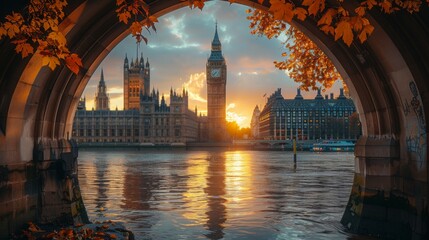 A view of a clock tower through an arch