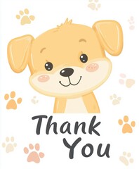 Obraz premium Cartoon Labrador puppy with paw print background and thank-you text