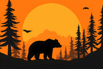 Orange Sunset Bear Illustration