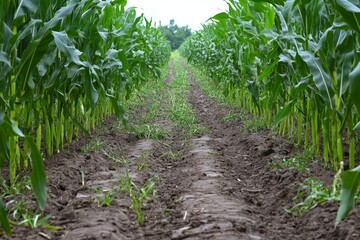Naklejka premium A well-organized cornfield extends far into the distance, with tall rows displaying rich green leaves, symbolizing agricultural precision and bountiful harvest.