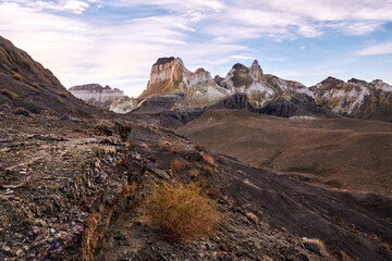 Obraz premium Airakty and Shomanay. Uplands of the Ustyurt plateau.Airakty and Shomanay, are a system of small mountains. Shomanay mountains look like fairytale castles with steeples, towers and walls. 